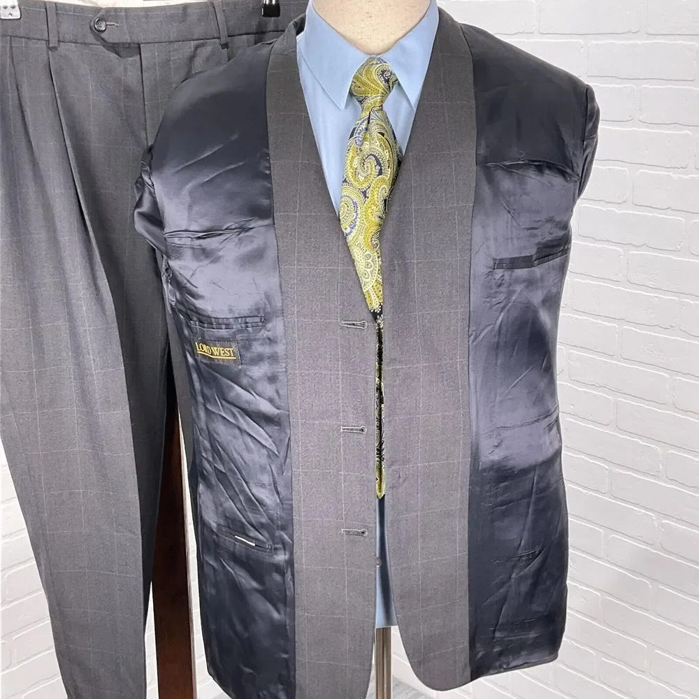 Lord West Suit Men 40S 34Wx25L Gray White Check Classic Career Cuffs‎ Wool 2pc